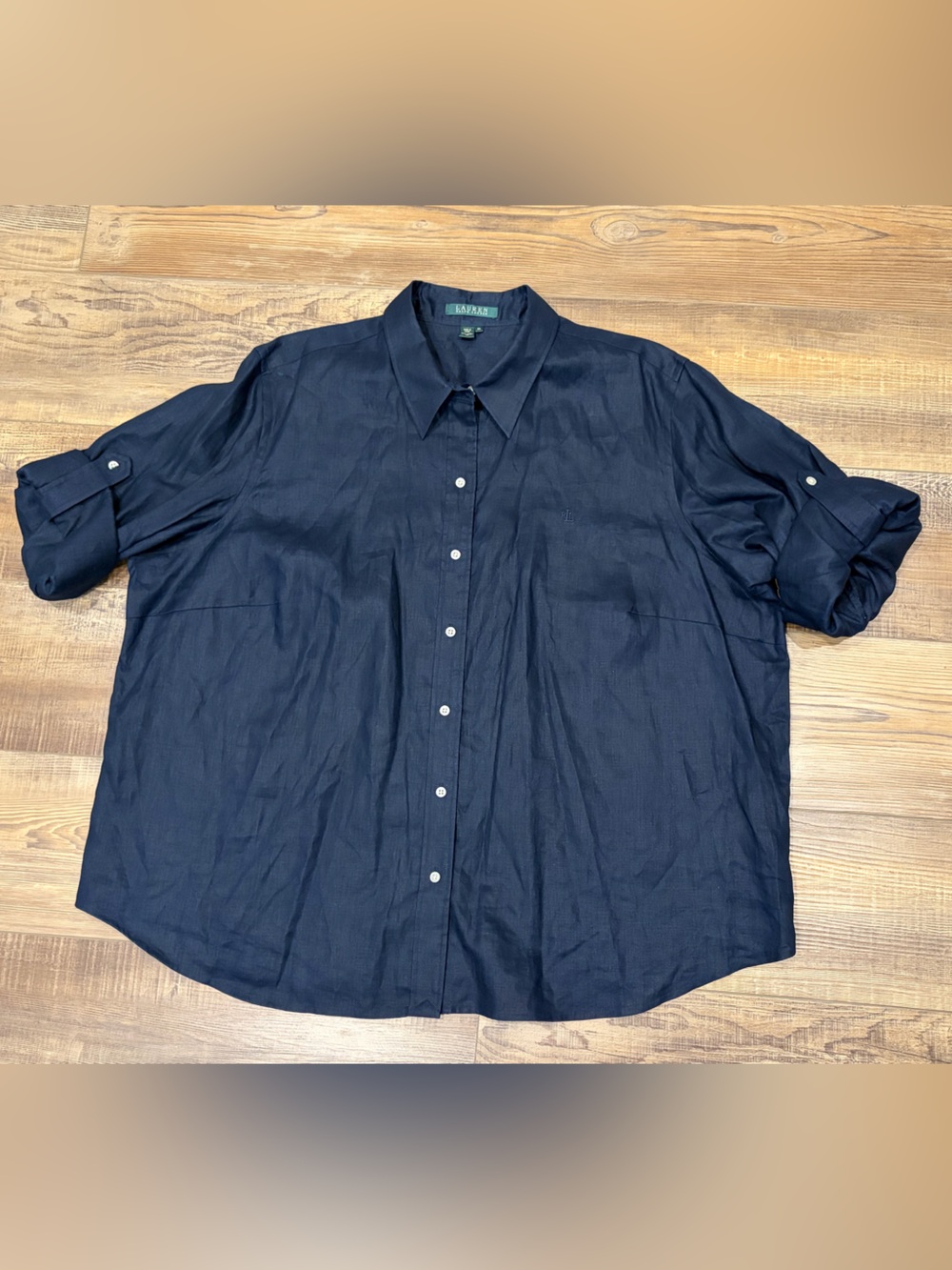 Ralph Lauren dark Navy 100% linen Button-Down Shirt tab sleeve logo